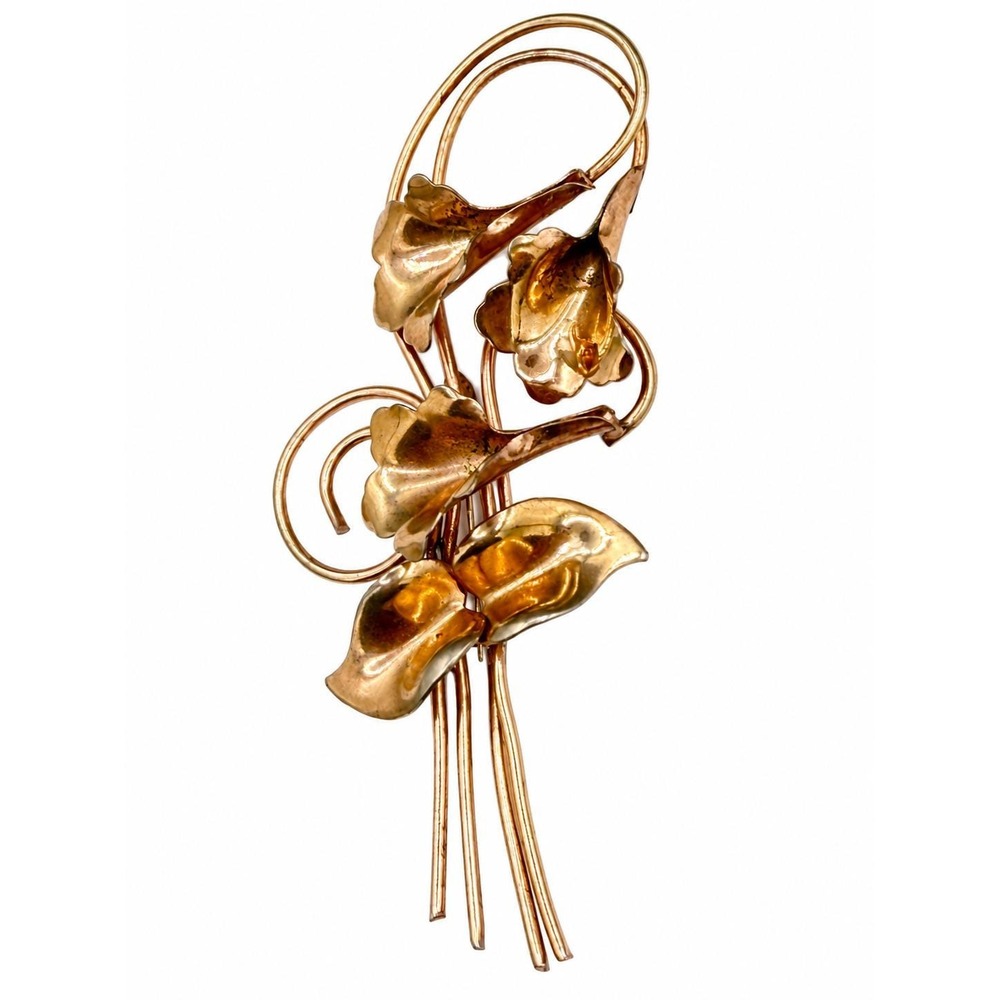 Vintage 1940s Gold Toned Floral Bouquet Brooch Flower Pin Retro Art